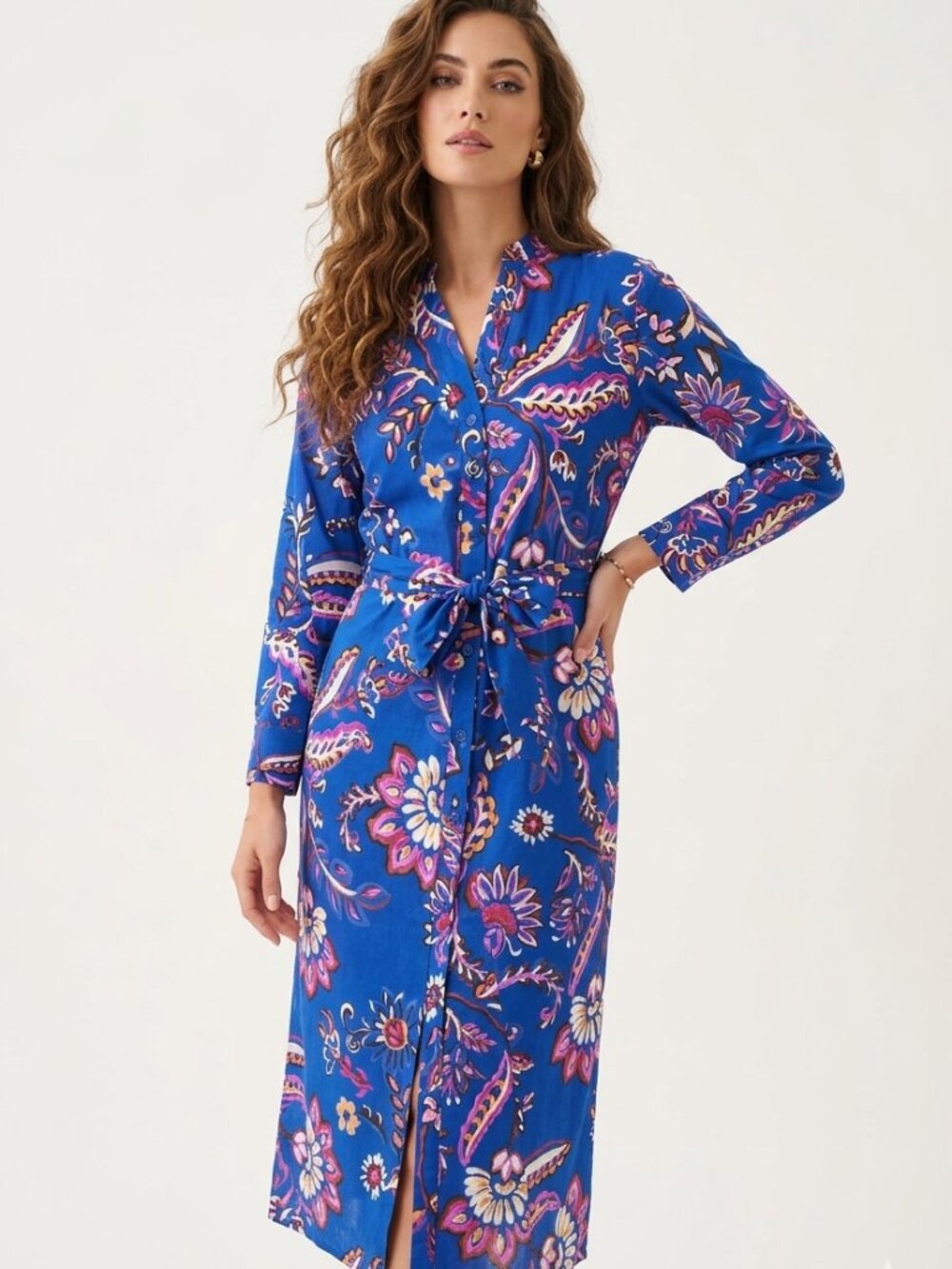 MNG Mango Blue Floral Paisley Midi Shirt Dress Size 2 Long Sleeve Mandarin Colla